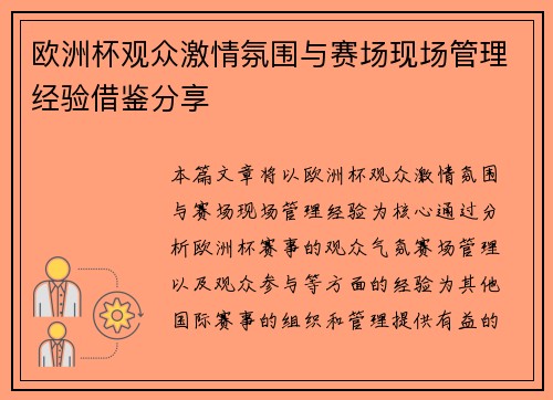 欧洲杯观众激情氛围与赛场现场管理经验借鉴分享