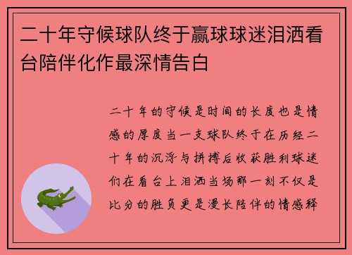 二十年守候球队终于赢球球迷泪洒看台陪伴化作最深情告白